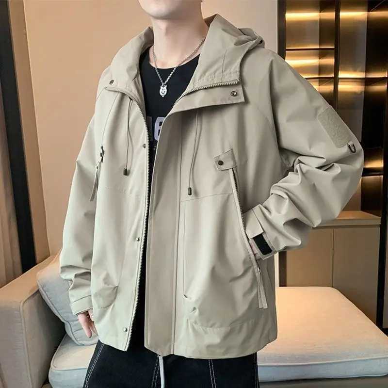 Spring Autumn Fashion Male Clothes Solid Color Jacket Chic Casual All-match Handsome Korean Youth Hooded Loose Waterproof CoatT250311