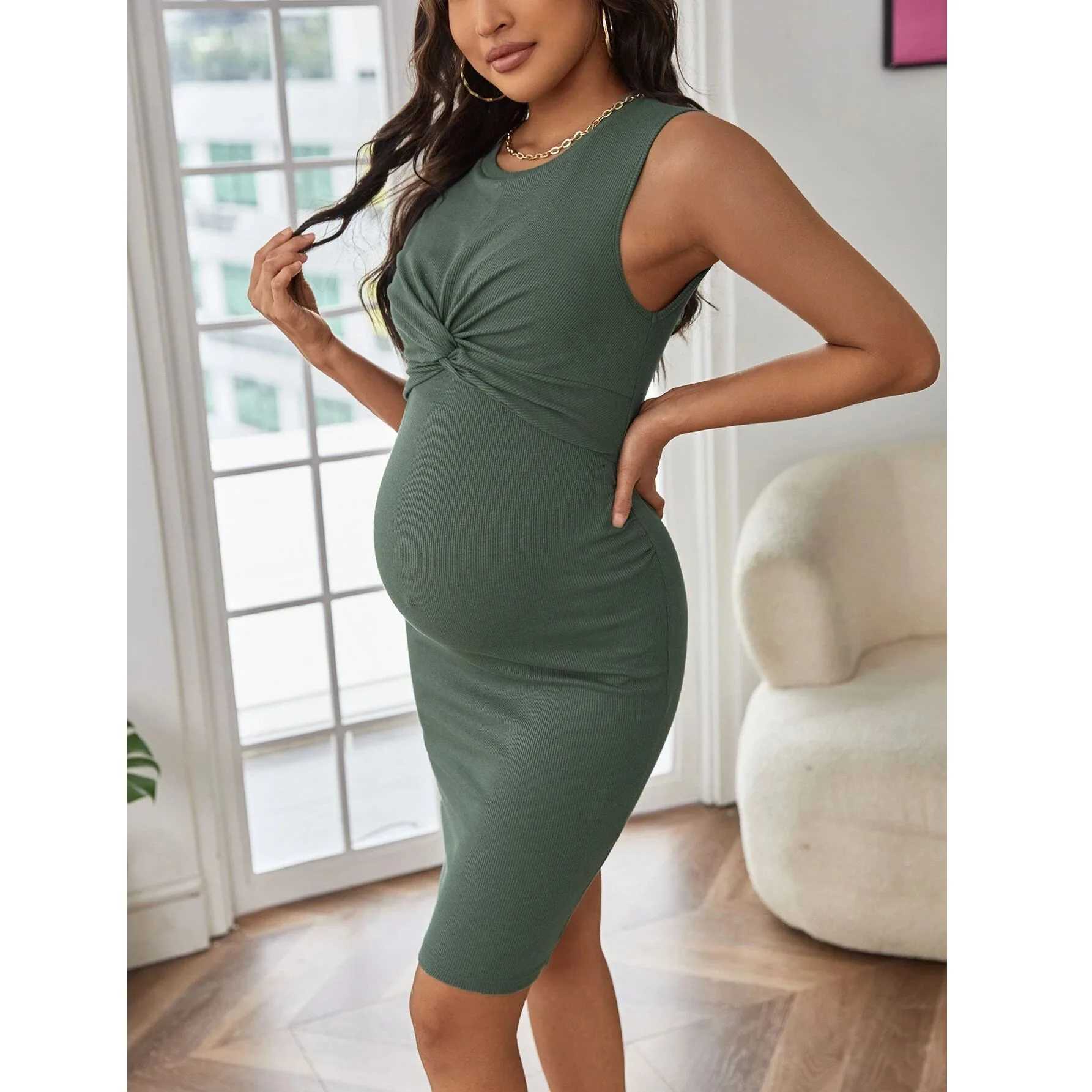 Pregnancy Dresses Summer Maternity Clothes Temperament Fallow Twist Rib Knit Solid Color Sundress Clothing for Maternal WomenT250311