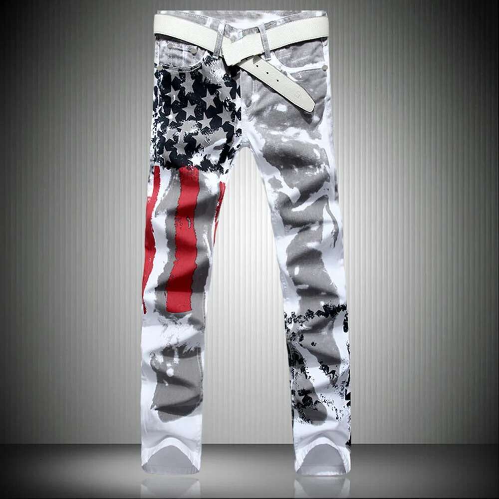 2025 Men s Straight Leg Denim Pants Men s White Flag Printed Fashion Designer High quality Jeans Elastic Slim Fit Casual Pentagram Hip hop Plus Size P