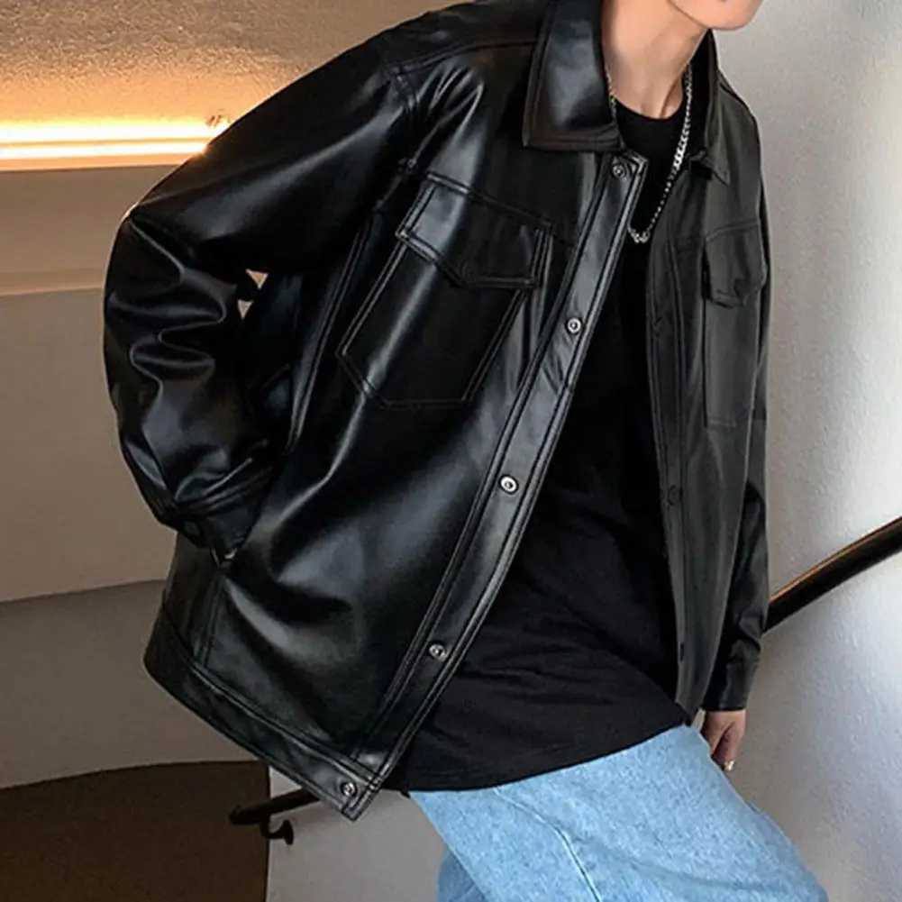 Faux Leather Men Jacket Motorcycle PU Jacket Turn-down Collar Men Retro Leather Jacket Long Sleeves Black Male Casual CoatT250311