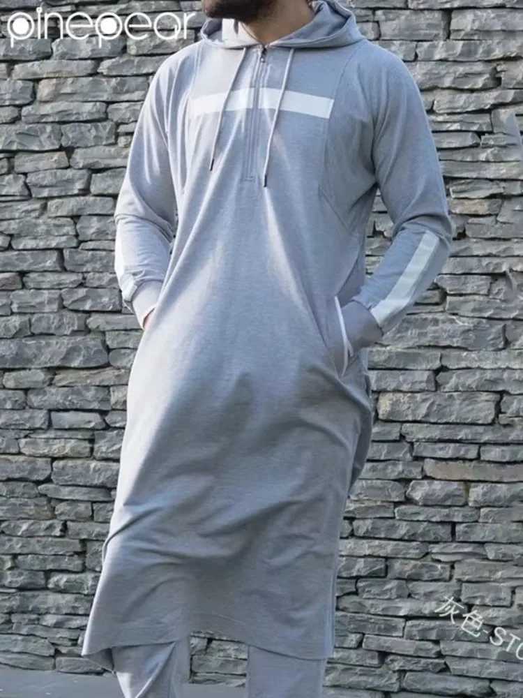 Muslim Men Jubba Thobe Dubai Turkey Kaftan Long Hoodies Islamic Saudi Arabic Sweatshirts Robe Casual Loose Blouse Male ClothingXJ250310