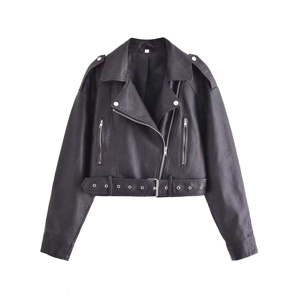 2023 Early Spring New Style Short Sleeved Lapel PU Washed Gradient Leather Versatile Jacket For Women