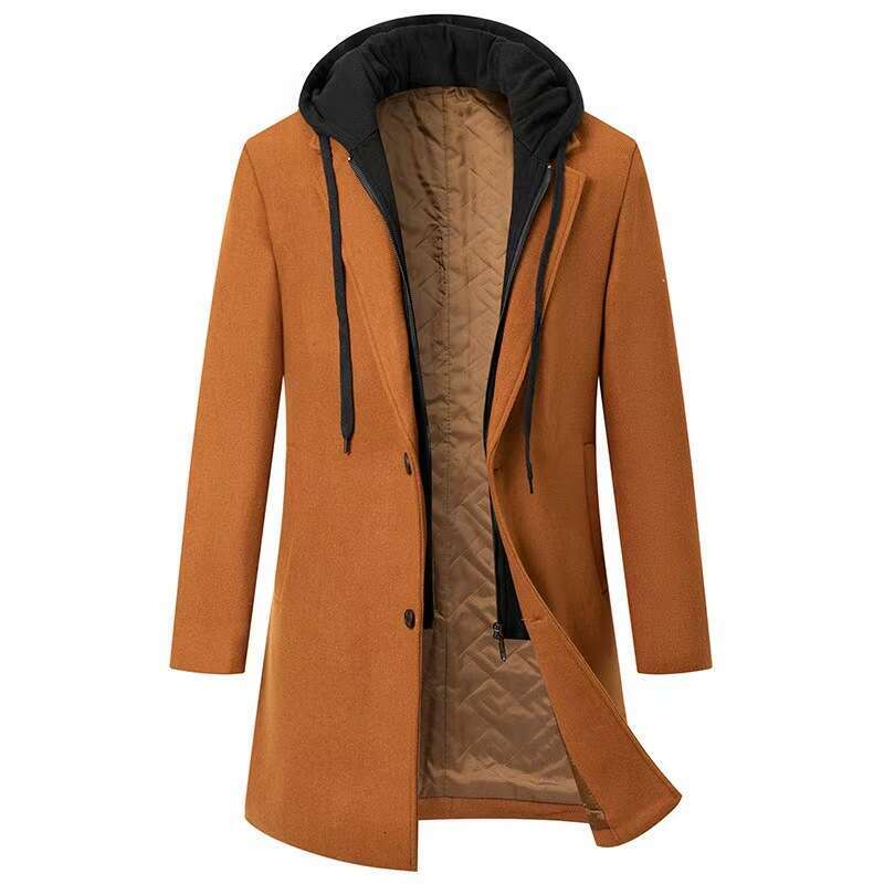 2023 New Korean Casual Woolen Medium Length Detachable Hat Trendy Coat Men's Wear