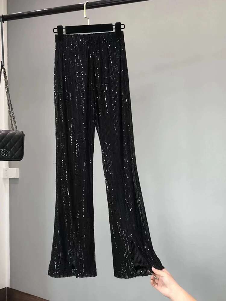 Pants Woman Elastic Waist Sequins Slit Cut Wide Leg Trousers Shiny Full Length Straight Female High Street 2023 New