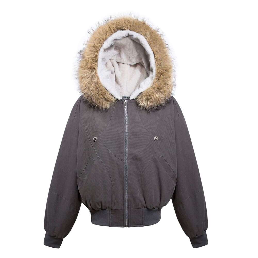 Jiayiku Trendy Brand 2024 Winter New American Thickened With Velvet Inner Hair Collar Hooded Cotton Jacket For Men And Women