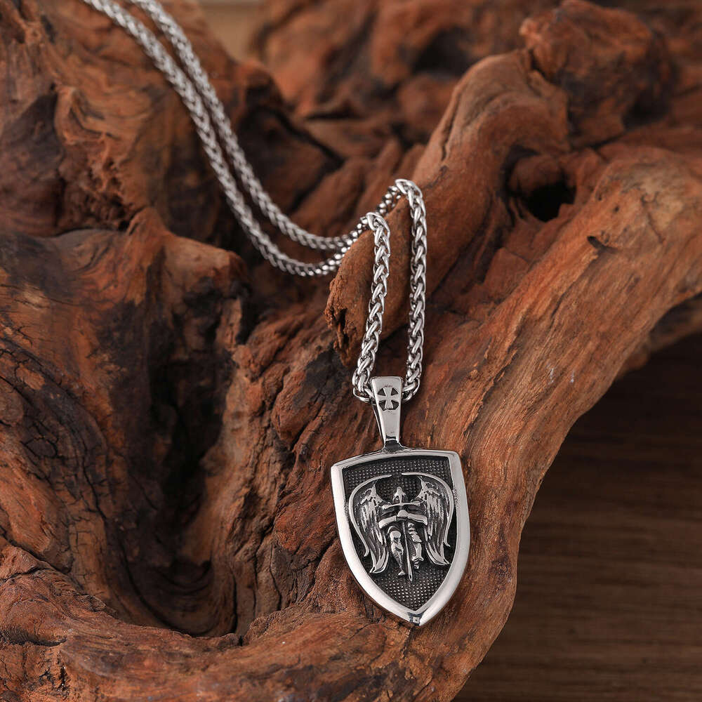 Fashionable stainless men's angel shield necklace, titanium steel pendant, double-sided letter hanging tag