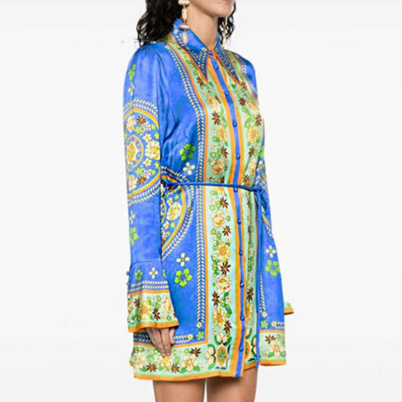 Women's Clothing 2025 Spring New Style Temperament Lapel Print Fashionable Lace Up Long Sleeved Dress KLMY