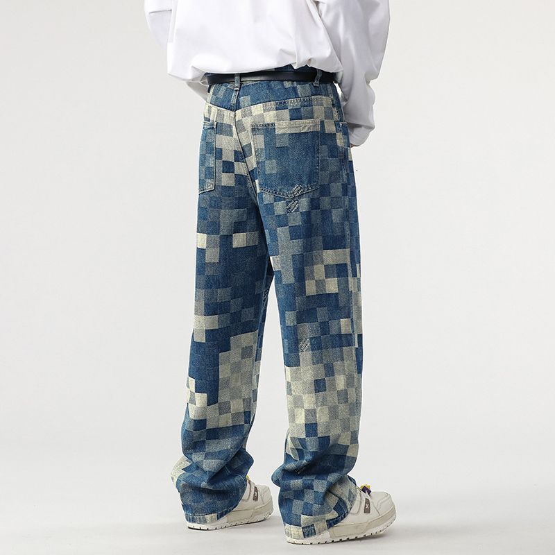 2025 Hot Selling Fashion Designer Men s American Jeans Men s Mosaic Chessboard Popular Pattern Straight Tube Loose Pants Outdoor Casual Skateboarding 