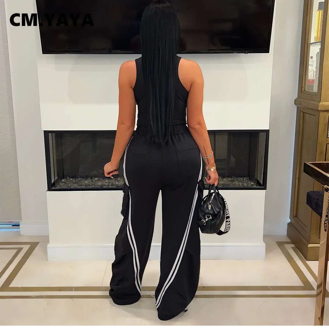 Cm.Yaya Fashion Women Denim Patchwork Pocket Side Wide Leg Loose Jogger Pants 2024 Active Jean Splicing Sweatpants Trousers