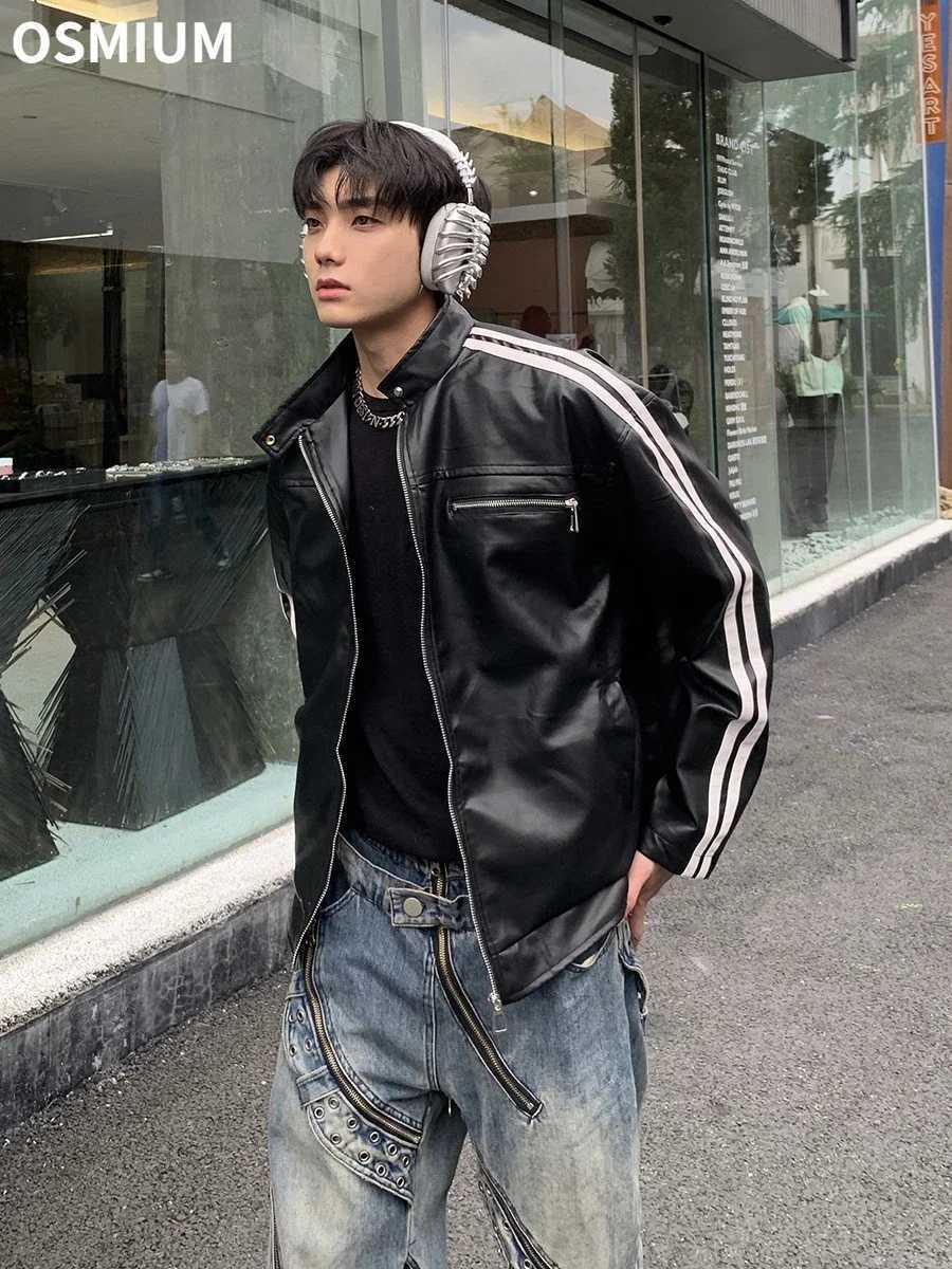 Men Retro Black Brown Striped Faux Leather Jacket Male High Quality Motorcycle PU Coat Plus Size Male Zipper Streetwear Top XXLT250311