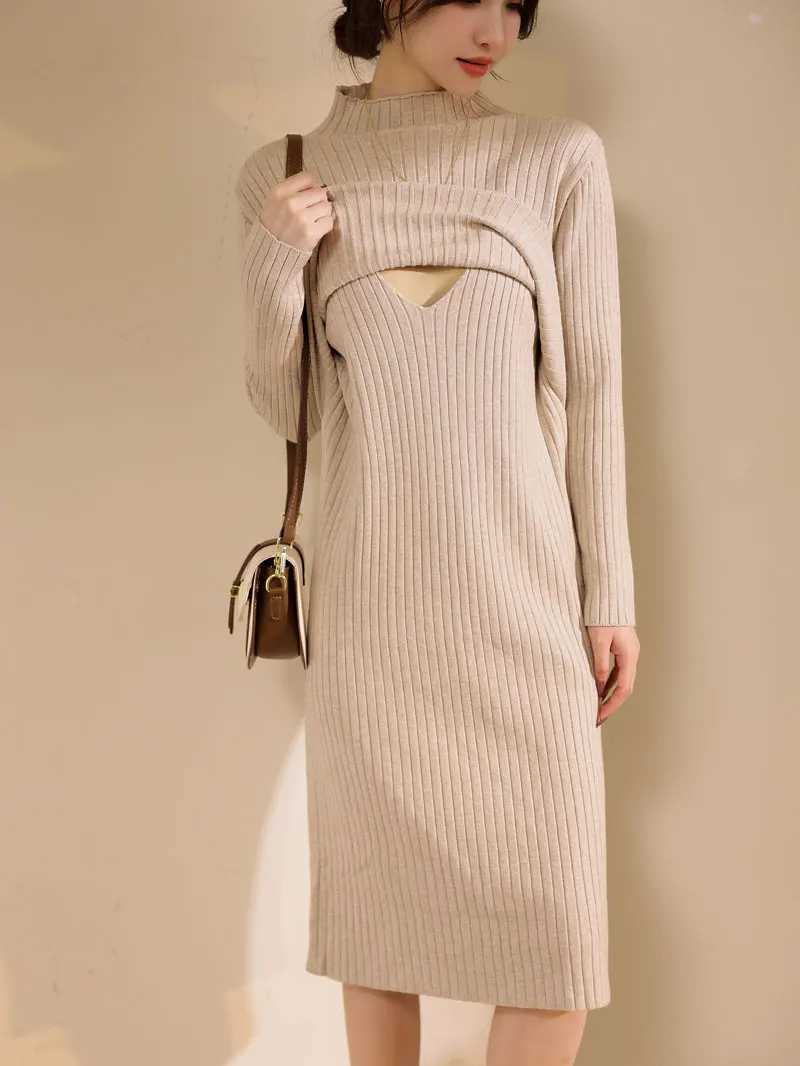 Winter Postpartum Woman Breastfeeding Dress Long Sleeve Maternity Knit Nursing Clothes Solid Color Pregnancy Lactation ClothesT250311