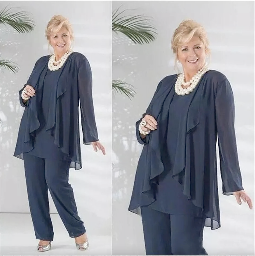 Navy Blue Mother of the Bride Pant Suits with Long Sleeves Jacket Plus Size Evening Party Gowns Wedding Party Gowns