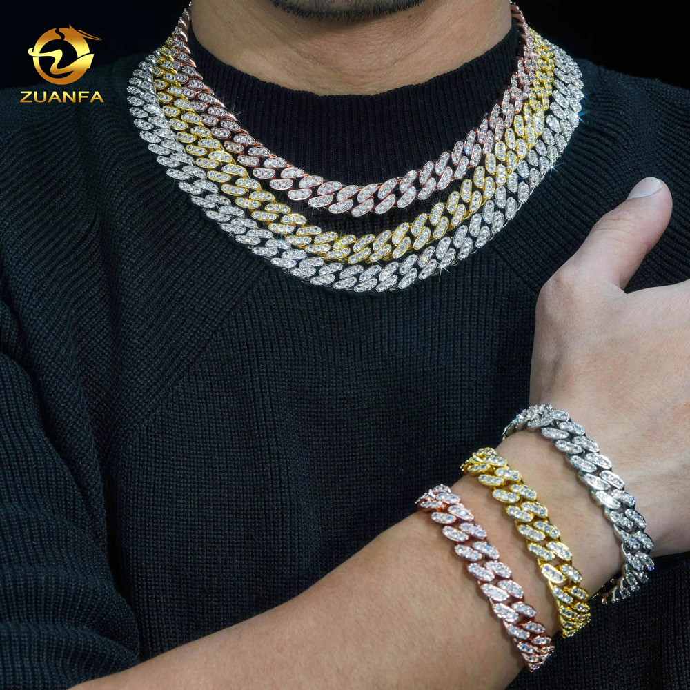 10k 14k Gold Plated One Row 12mm Miami Hip Hop Chain Iced Out Fashion Cuban Chain Moissanite 925 Silver Pass Diamond Test