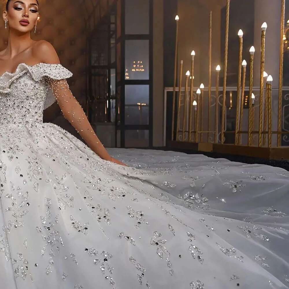 Arabic Crystals uoso Dresses Ball Gown Off Shoulder Lace Sequins Beads Custom Wedding Dress