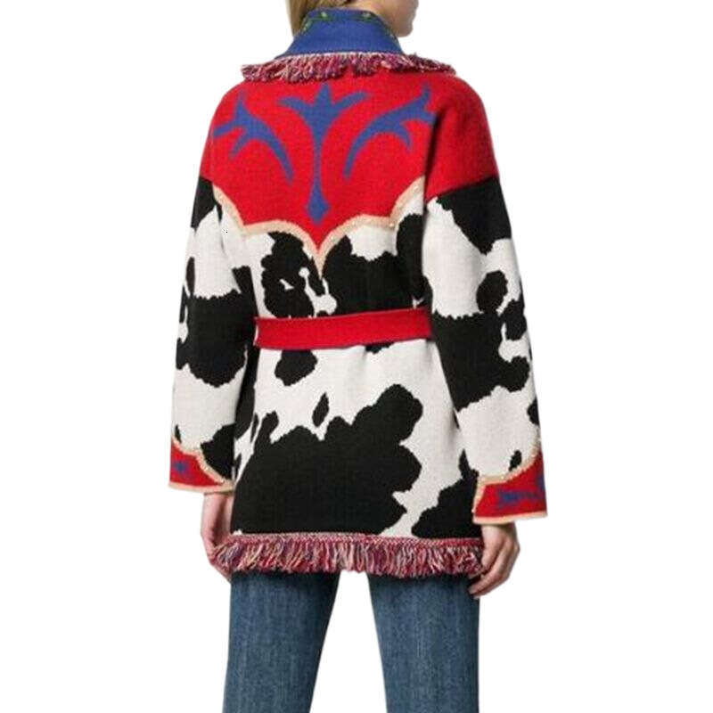 Ethnic Style Women's Wool Blended Embroidered Sweater Jacket Loose, Medium To Long Cow Jacquard Cardigan