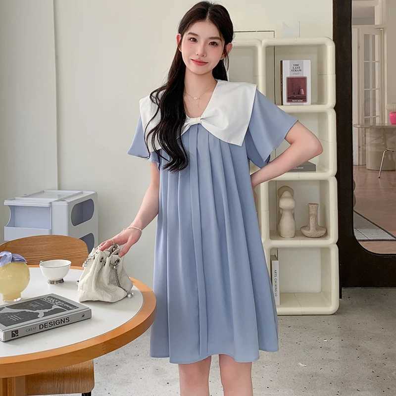 Navy Collar Pregnant Women Short Dress Loose Summer Short Sleeve Maternity Pleated Dress Sweet Pregnancy Chiffon Dress Blue PinkT250311