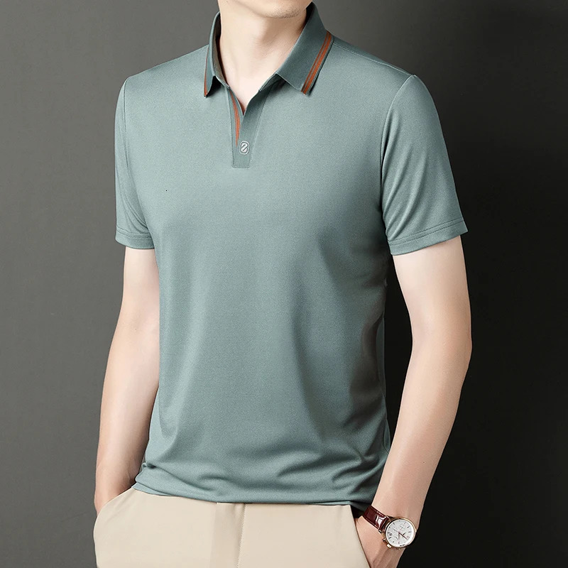 High End Summer Mens Lapel ed Print Ice Silk Short Sleeve Polo Shirt Business Casual TShirt Clothing 250311