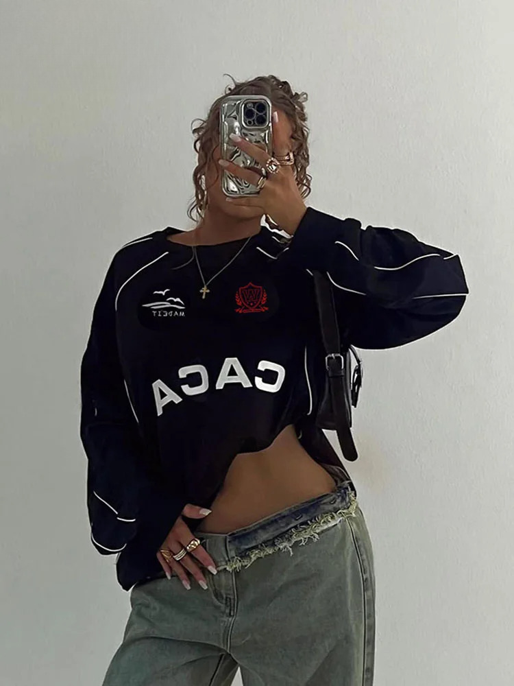 Nibber Daily T-Shirts Women Letter Print O-Neck Full Sleeve O-Neck Simple Casual Sporty Classic Street Trend Loose Tees