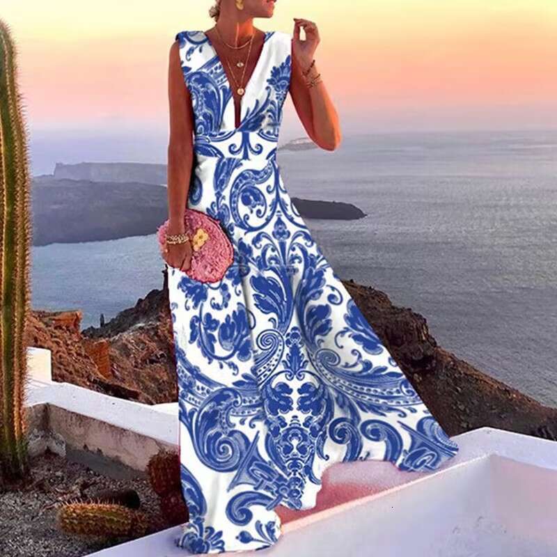 2025 Spring/Summer New High Waist V-Neck Sleeveless Printed Long Skirt Big Swing Dress 661 KLMY