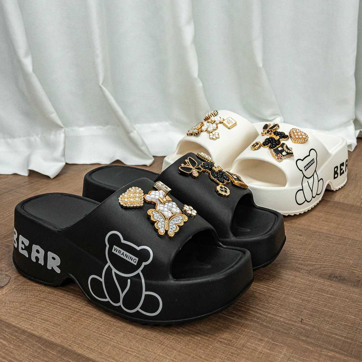 New Black and White Bear Thick-Soled Wedge Heel Womens Sandals and Slippers E19XJ250311