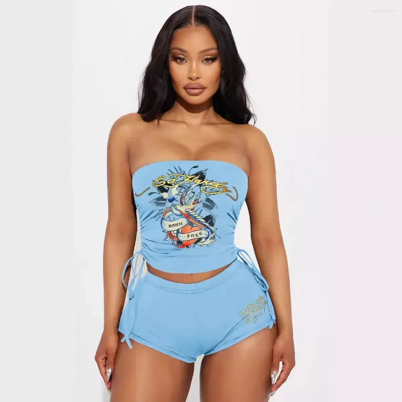 Women's Tracksuits European Style Strapless Crop Top And Shorts Set Print Streetwear 2025 Summer Sexy Matching Two 2 Piece Sets Outfits