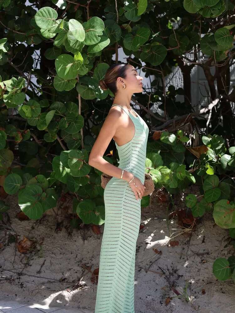 2025 Women's Hollow Perspective Slim Fit Long Dress Sexy Halter Ring Solid Sleeveless Vestidos Chic Summer Backless Beach Gown