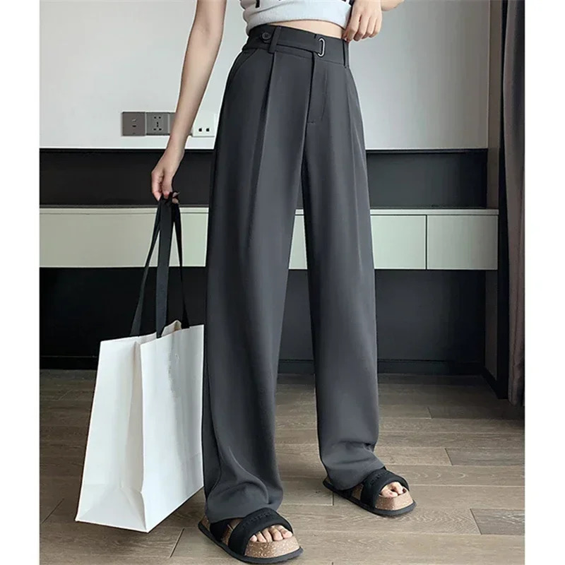 Office Ladies Casual Suit Wide Leg Pants Women Elegant Spring Summer Fashion Solid Color High Waist Loose Outwear Trousers 250306