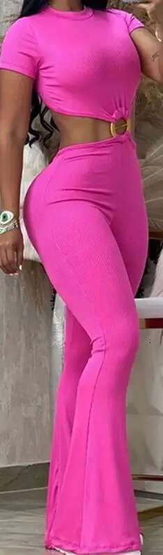Ladies Summer Outfit O-Ring Decor Short Sleeve Sexy Backless Cutout High Waist Jumpsuit