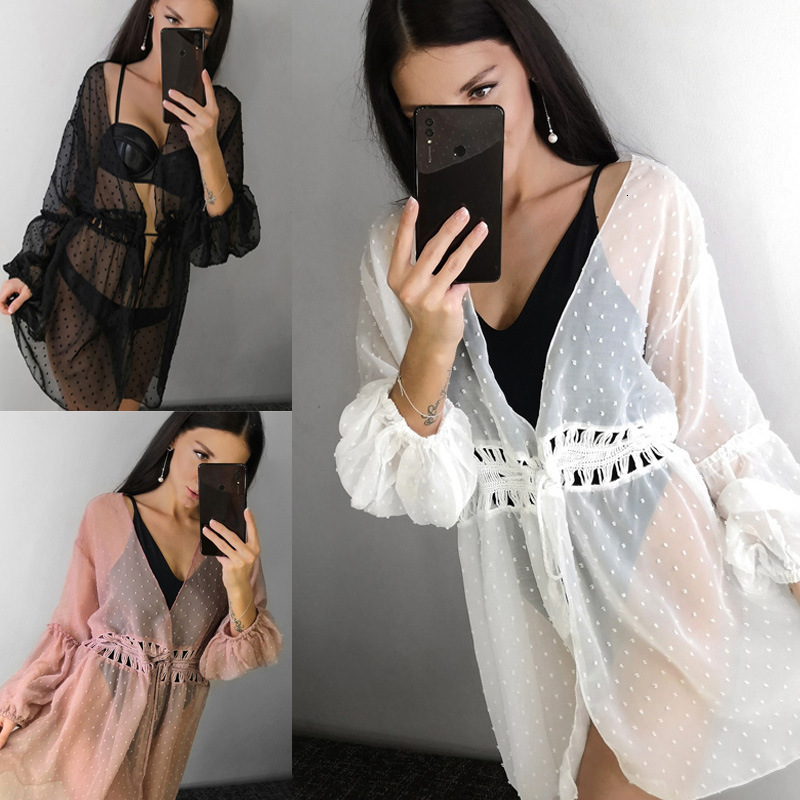 Lace Beach V-Neck Cardigan With Hollowed Out Waist And Lace Up Dress, Short Skirt, Bikini Top