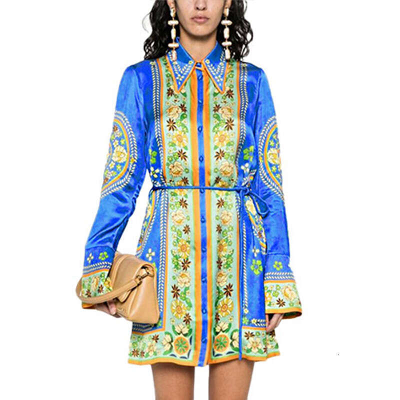 Women's Clothing 2025 Spring New Style Temperament Lapel Print Fashionable Lace Up Long Sleeved Dress KLMY