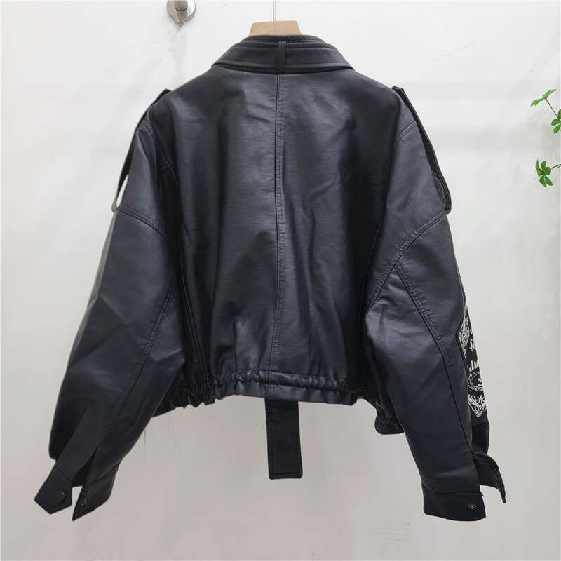 2024 Spring And Autumn New Western Style Motorcycle Jacket Printed High Waist Look Slimming Water Washed PU Leather Outer Cover Trendy