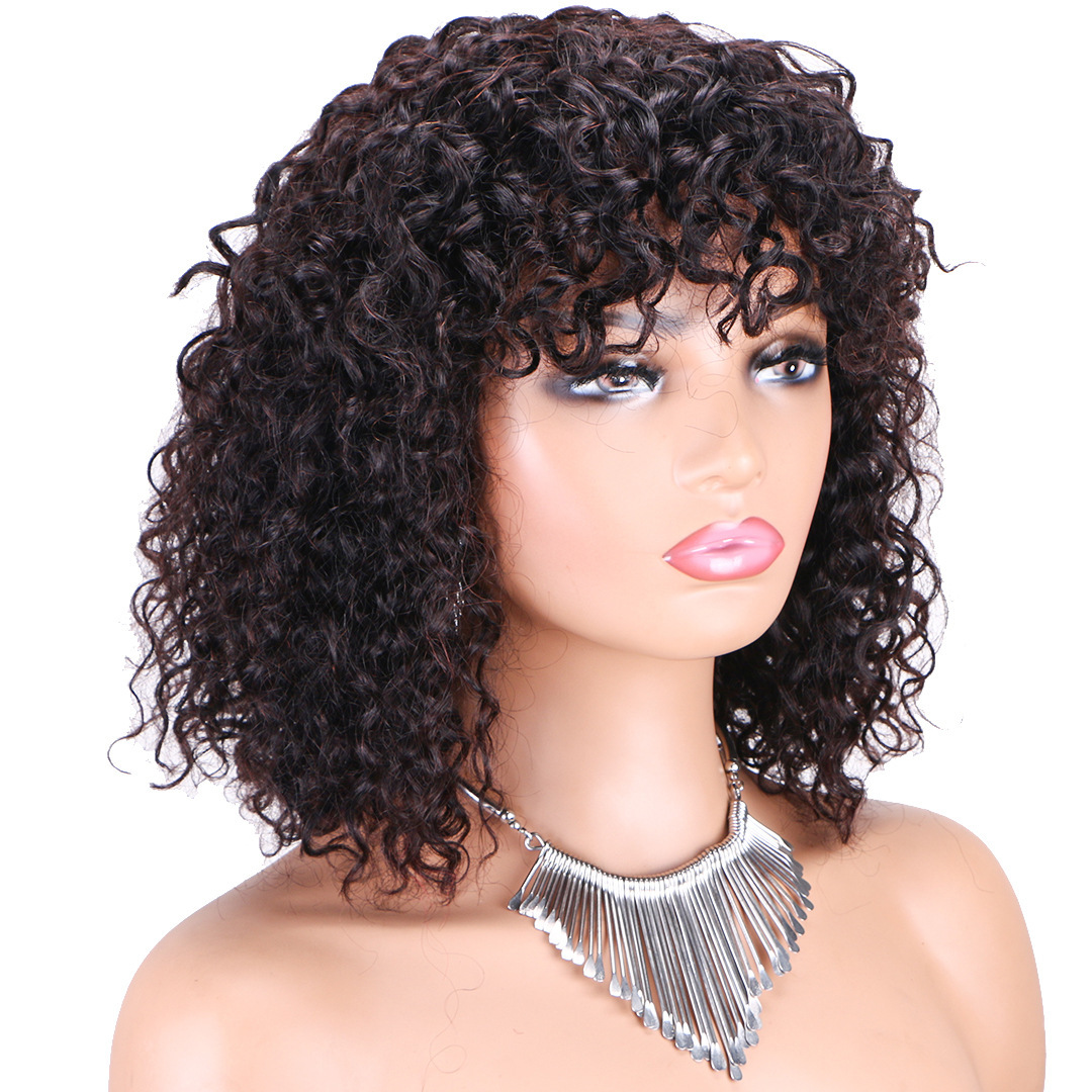 8 to 14 Inch Deep Wave Curly Bob Wig Real Human Hair with Machine Weft Cap and Bangs Perfect for a Natural and Stylish Look