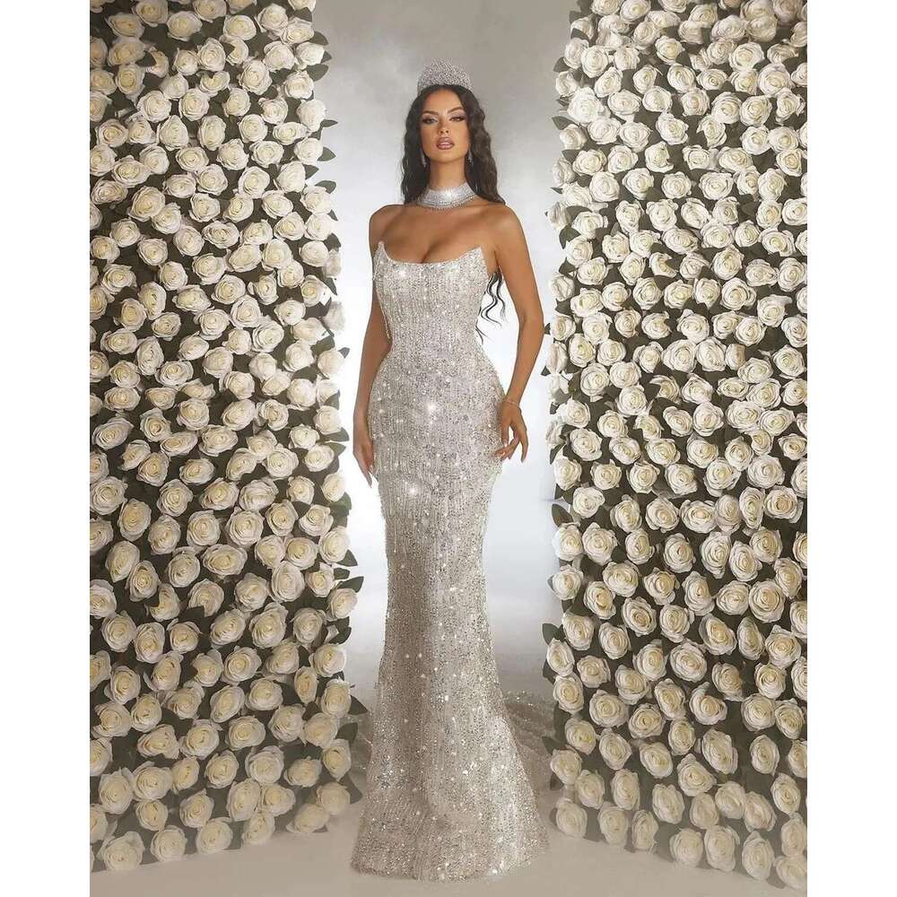 Exquisite Strapless Mermaid Dress, Bright Sleeveless Beading Lace Sequins Trumpet Bridal Dresses