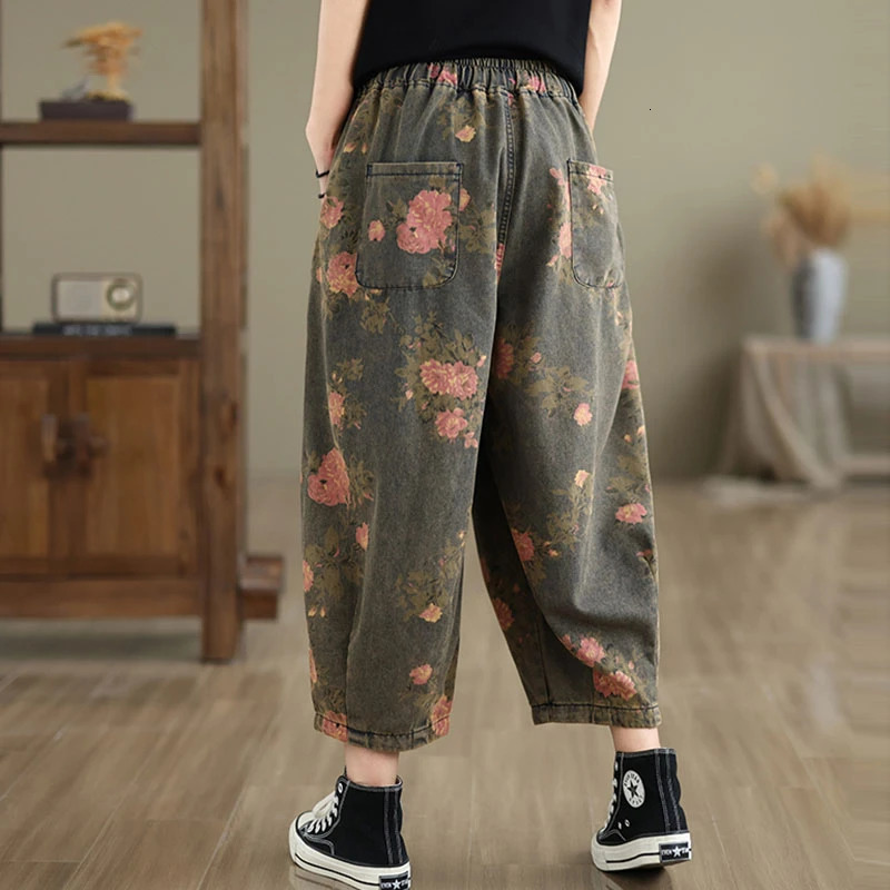 Womens Summer Casual Jeans Arrival Retro Style Flower Printed Loose and Comfortable Cowboy Harem Pants S010 250311