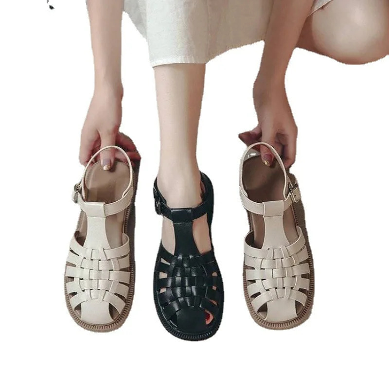shoes Closed Toe Sandals Black Shoes For Women Summer Womens Heels Breathable Beige Low Retro Ladies Flat Gladiator 250305