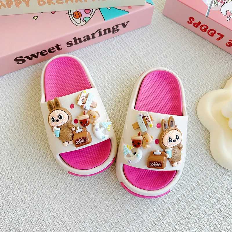New Popular Cartoon Coffee Labubu Versatile Eva Slippers for Boys and Girls Fashionable Double Soft-Soled Non-Slip SandalsT250311
