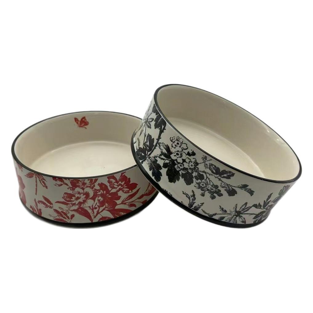 Dog Bowls Ceramic Pet Bowl With Classic Letters Heavy Duty Non Slip Ceramic Cat Dish Dogs Bowls for Food and Water 42oz Black Flower