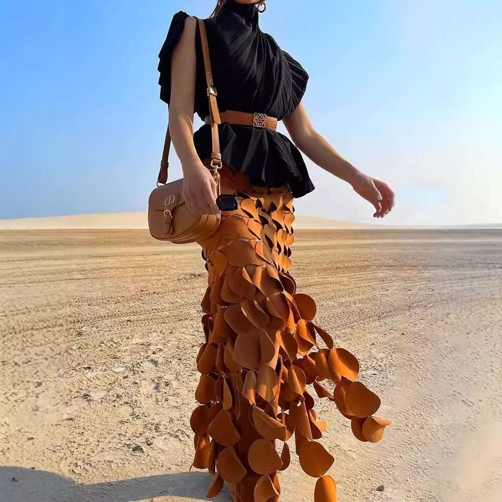 Fashionable Design Long Hip Bag 2024 Spring New Collection Splicing Round Disc Tassel High Waist Skirt