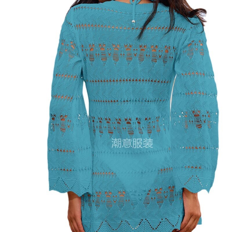 New Vacation Sexy Hollow Texture Loose Round Neck Flared Sleeves Fashionable Sun Protection Beach Cover Dress