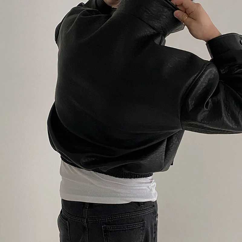 IEFB Short PU Leather Coat Mens Spring Summer Loose Turn-down Collar Coat Korean Style Trend Male Jacket Casual Top 9C5013T250311