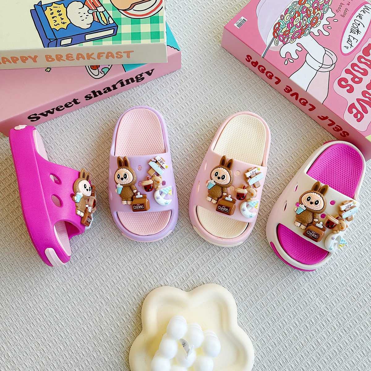 New Popular Cartoon Coffee Labubu Versatile Eva Slippers for Boys and Girls Fashionable Double Soft-Soled Non-Slip SandalsT250311