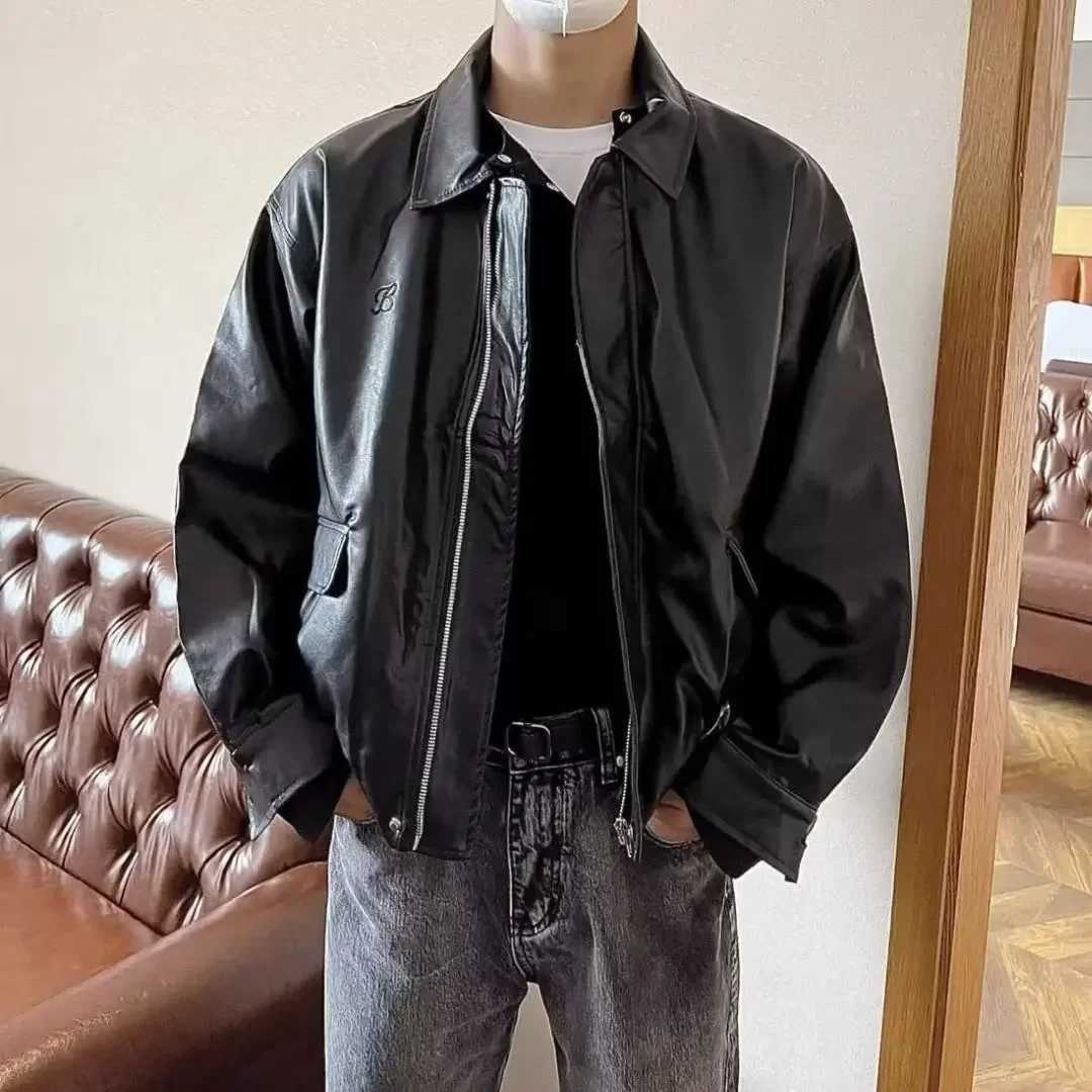 American Style Vintage Solid Color High-end Feel Leather Jacket For Men Women Loose Fit Faux Leather Vintage Motorcycle JacketT250311