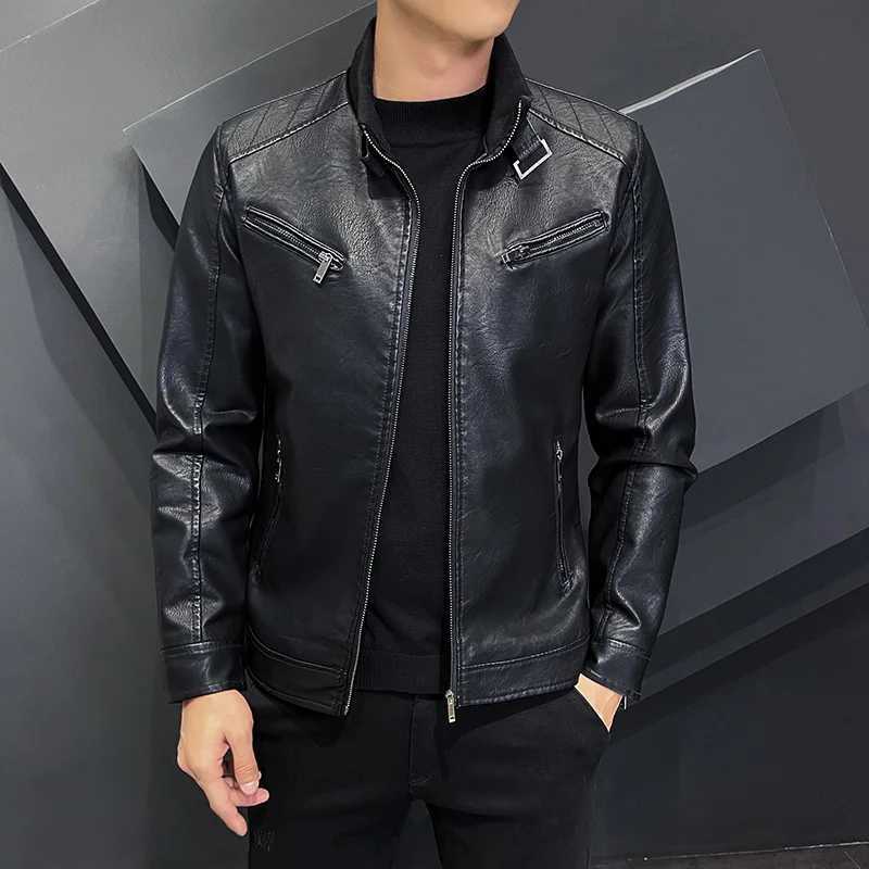 New Zipper Stand Windproof Leather Coat Mens Motorcycle Leather Jacket Slim Fit Short-Coat Lapel PU Jackets Autumn Mens ClothingT250311