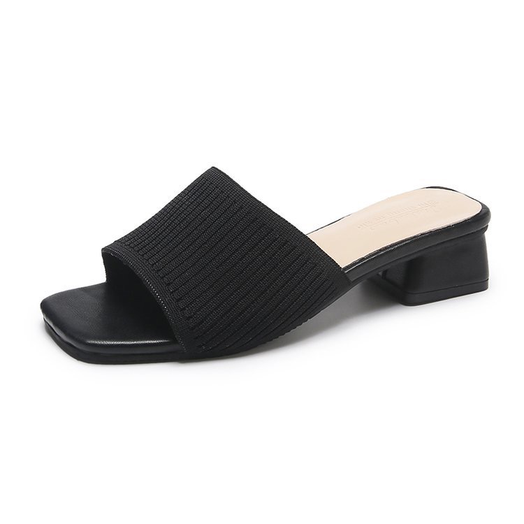 Shoes for Trendy Women Slippers Outdoor Summer Fashion Knitted Stretch Square Heel Open Toe Thick Sandals Huaraches Mujer b553