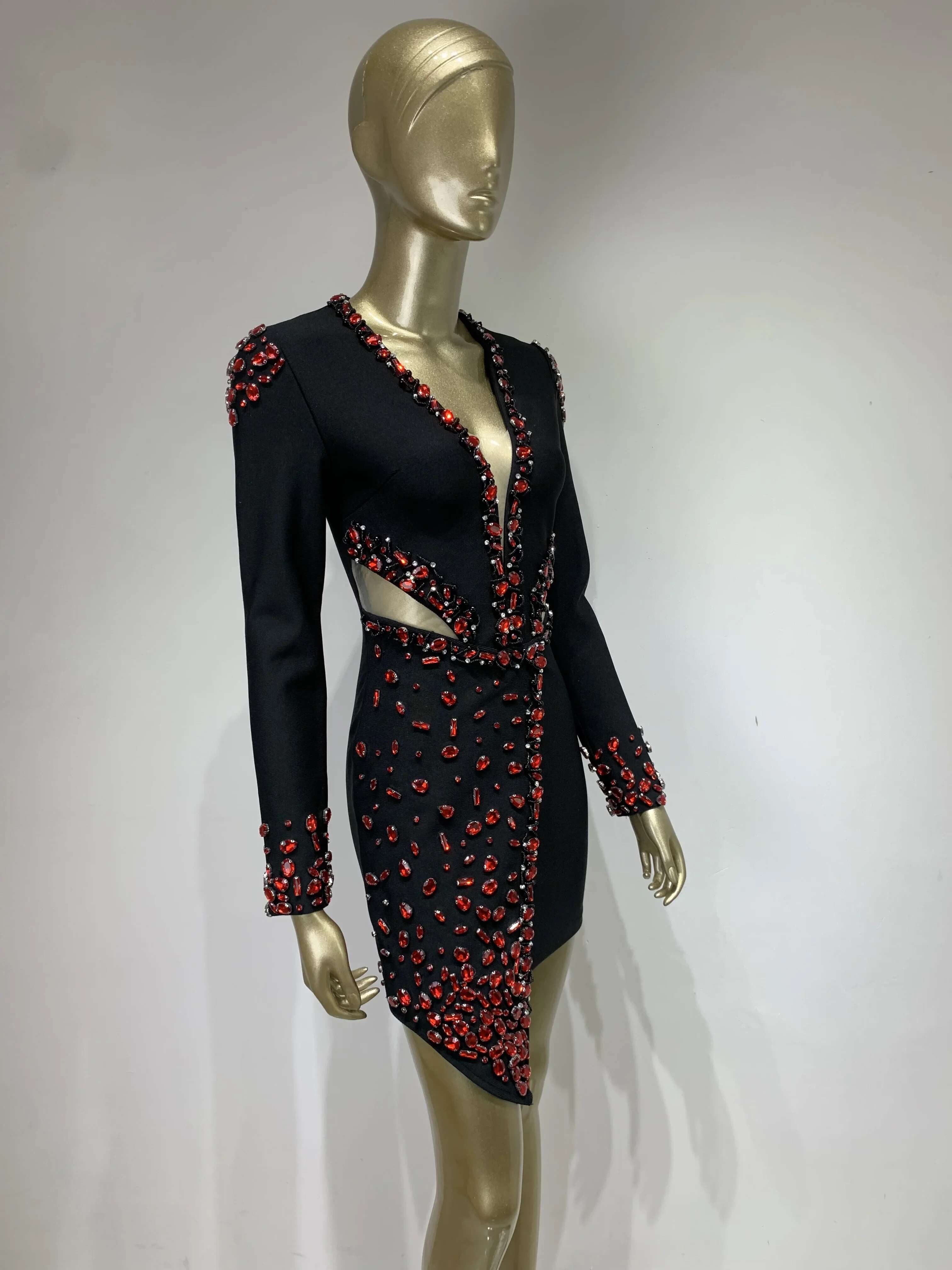 Women Celebrity Sexy Long Sleeve V Neck Rhie Beading Black Mini Bandage 2023 Elegant Evening Club Party Dress