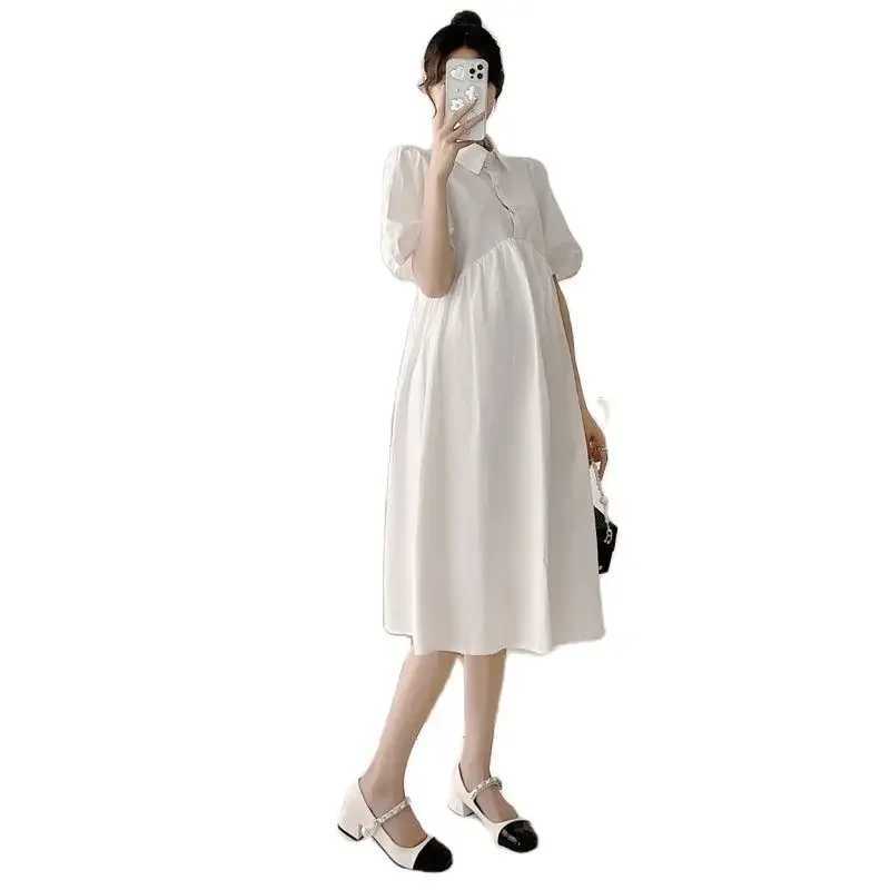 2024 Summer Turn-down Collar Puff Sleeve Pregnant Women Dress Solid Color High Waist Office Lady Elegant Dress Maternity ClothesT250311