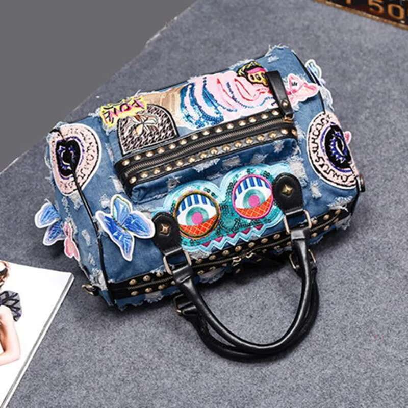 Korean Version Rivet Embroidered Motorcycle Cowboy Women's Bag Hand Carrying Single Shoulder Crossbody Fashion New Trend