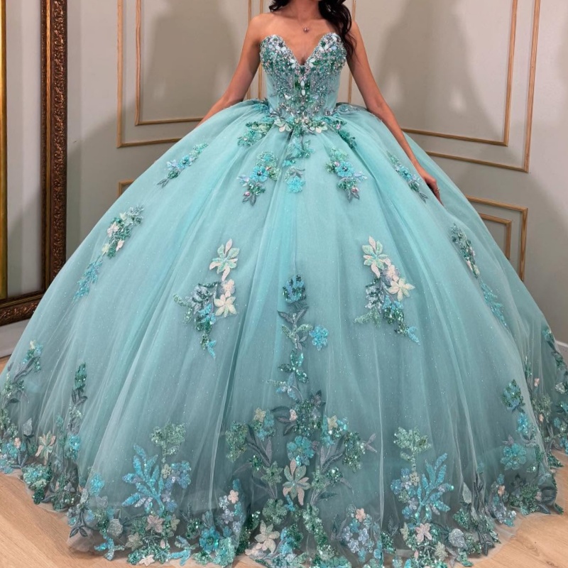 Water Blue Shiny Off Shoulder Quinceanera Dresses Sequin Applique Lace Beading Crystal Tull Party Birthday Sweet 16 Dress Vestidos 15 De Anos