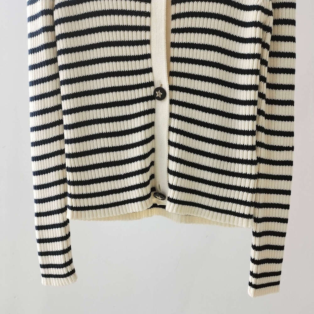 CD Home Summer New High End Wear Pure Cotton Knitted Shirt Women's Letter Button Temperament Slimming Striped Cardigan Coat