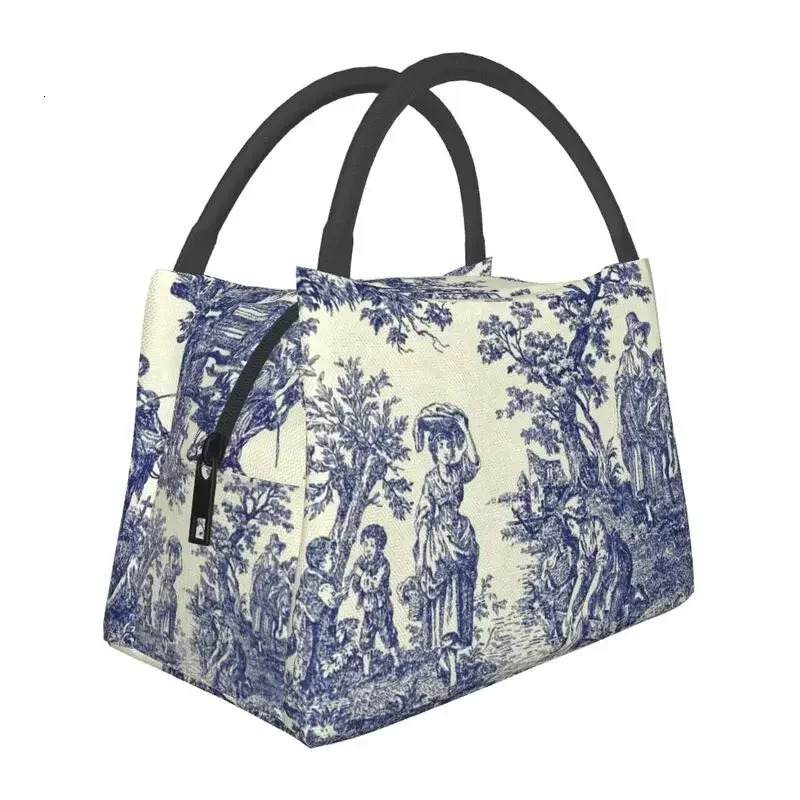 Toile De Jouy Blue Portable Lunch Box French Navy Blue Thermal Cooler Food Insulated Lunch Bag Hospital Office Pinic Container 250310